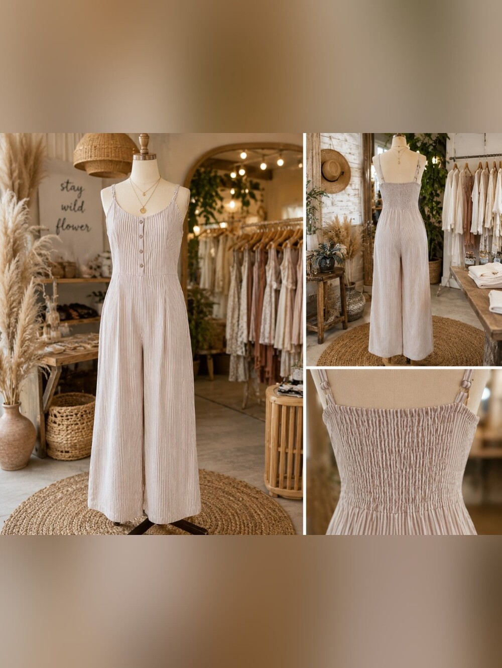 White & Beige Striped Smocked-Back Wide Leg Jumpsuit XL